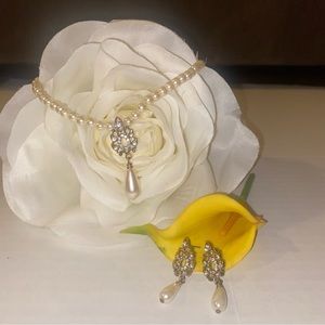 Fashion Tear Drop Pearl & Diamond Earring & Necklace Set—Adjustable Closure